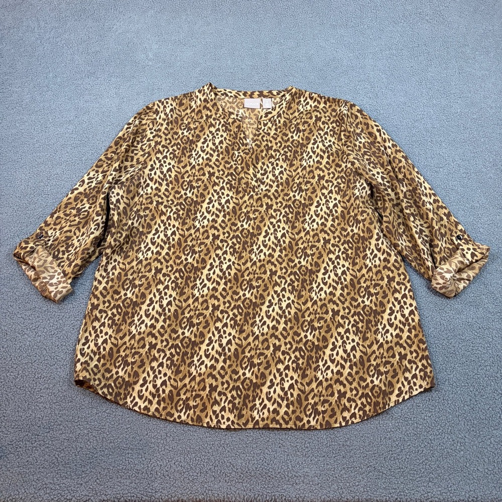 Chico's Blouse Womens 3 Brown Leopard Print Roll Tab Sleeve V-Neck Tunic Top
